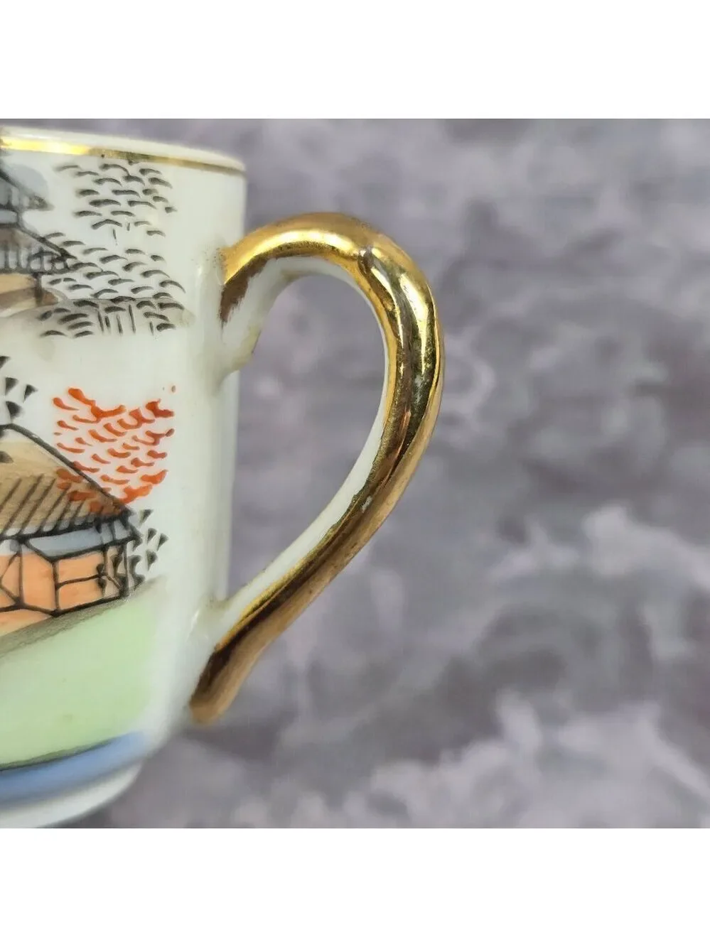 Vintage Demitasse Tea Cup Saucer Hand Painted Occupied Japan Mountain Village